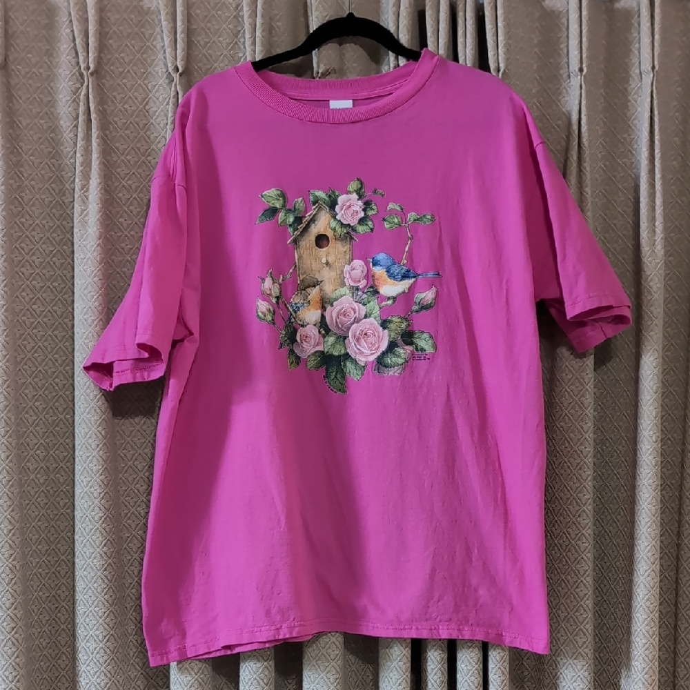Vintage 1990s Ladies Graphic T-shirt With Roses, Blue Bird and Bird House